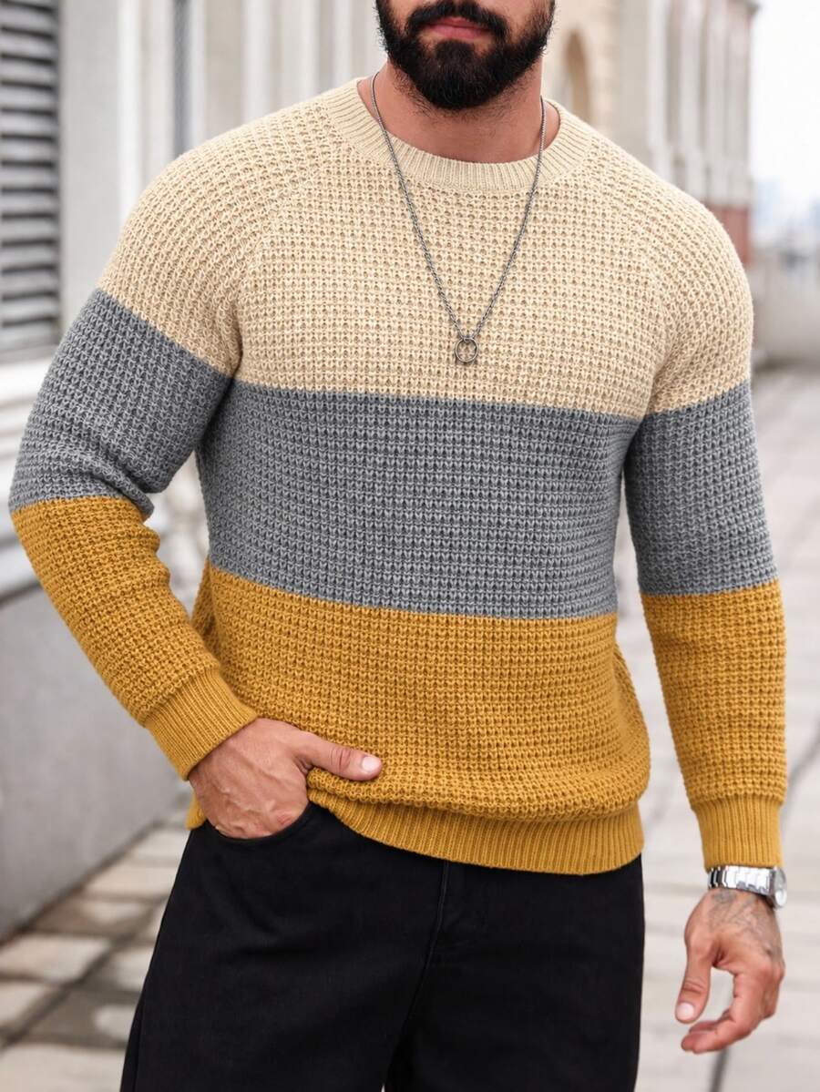 Manfinity Homme 男士對比色極簡圓領長袖毛衣，休閒日常穿著大地色系男士針織衫 - 薑色 - 查看 1