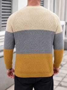 Manfinity Homme 男士對比色極簡圓領長袖毛衣，休閒日常穿著大地色系男士針織衫 - 薑色 - 查看 2