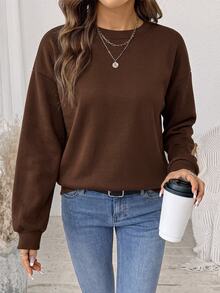 Comfylo Brown Casual Minimalist Printed Pattern Crew Neck Long Sleeve Plus Size Sweatshirt, Suitable For Autumn/Winter Thanksgiving Outfit - Brown - View 1
