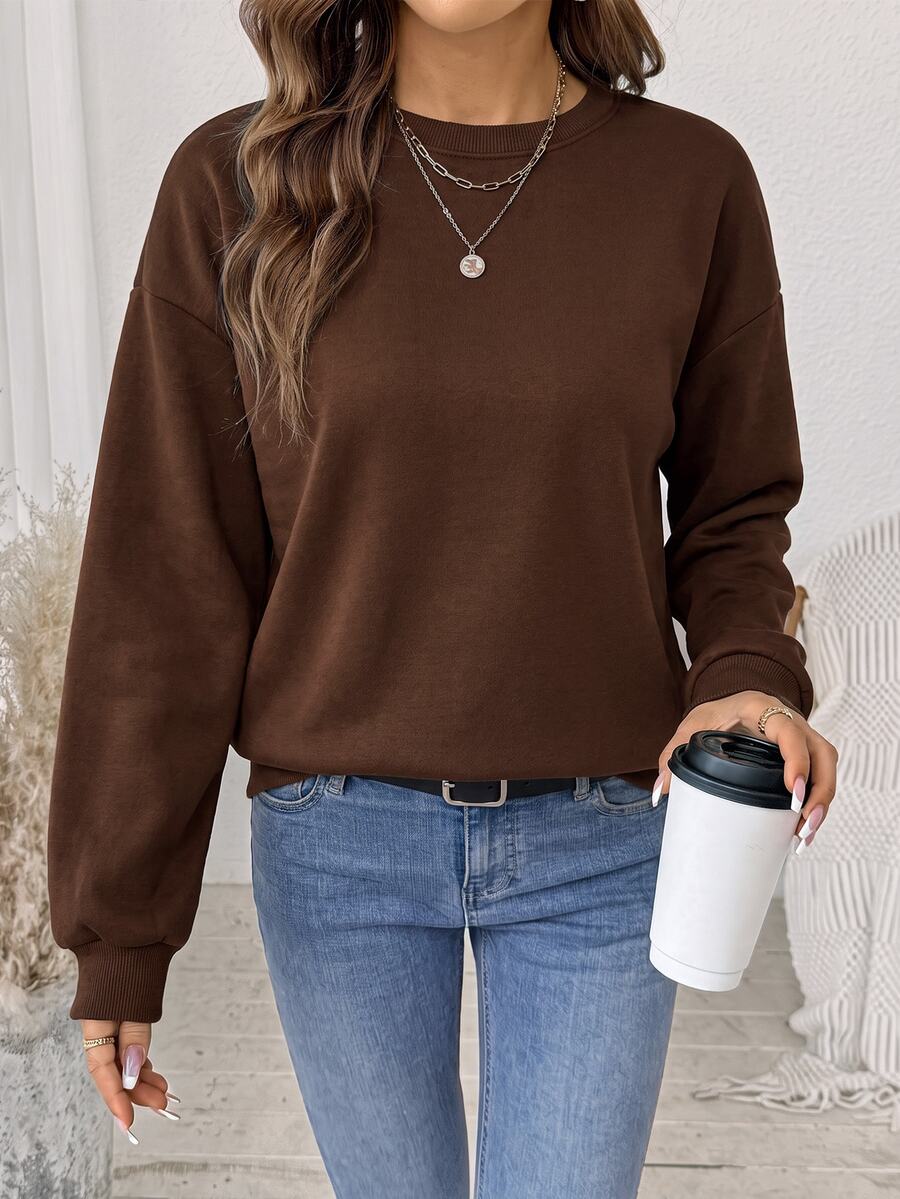 Comfylo Brown Casual Minimalist Printed Pattern Crew Neck Long Sleeve Plus Size Sweatshirt, Suitable For Autumn/Winter Thanksgiving Outfit - Brown - View 1