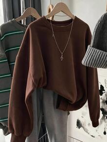 Comfylo Brown Casual Minimalist Printed Pattern Crew Neck Long Sleeve Plus Size Sweatshirt, Suitable For Autumn/Winter Thanksgiving Outfit - Brown - View 7