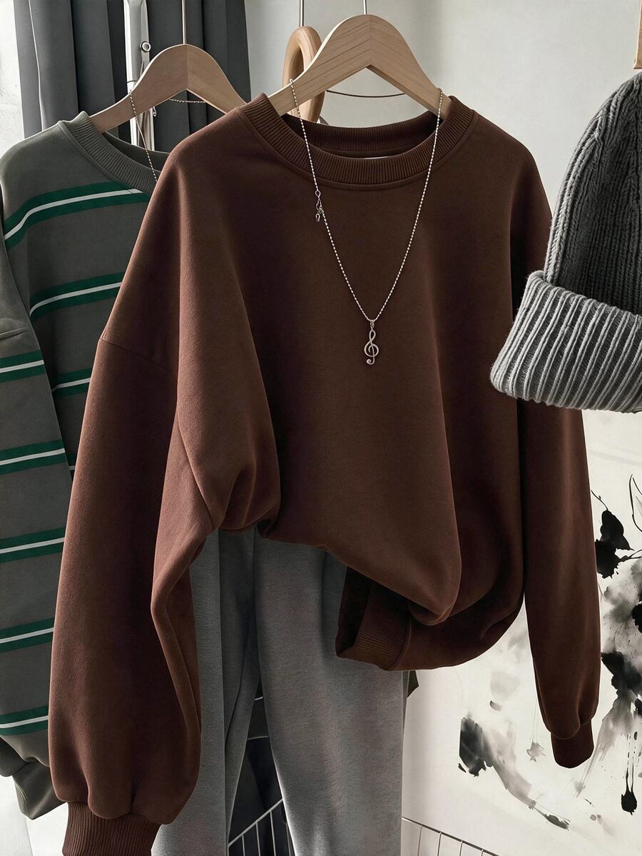 Comfylo Brown Casual Minimalist Printed Pattern Crew Neck Long Sleeve Plus Size Sweatshirt, Suitable For Autumn/Winter Thanksgiving Outfit - Brown - View 1