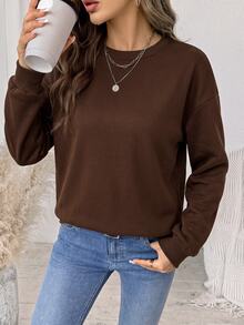 Comfylo Brown Casual Minimalist Printed Pattern Crew Neck Long Sleeve Plus Size Sweatshirt, Suitable For Autumn/Winter Thanksgiving Outfit - Brown - View 4