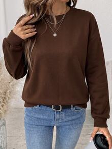 Comfylo Brown Casual Minimalist Printed Pattern Crew Neck Long Sleeve Plus Size Sweatshirt, Suitable For Autumn/Winter Thanksgiving Outfit - Brown - View 5