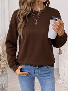 Comfylo Brown Casual Minimalist Printed Pattern Crew Neck Long Sleeve Plus Size Sweatshirt, Suitable For Autumn/Winter Thanksgiving Outfit - Brown - View 8
