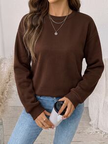 Comfylo Brown Casual Minimalist Printed Pattern Crew Neck Long Sleeve Plus Size Sweatshirt, Suitable For Autumn/Winter Thanksgiving Outfit - Brown - View 6
