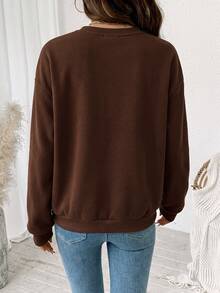 Comfylo Brown Casual Minimalist Printed Pattern Crew Neck Long Sleeve Plus Size Sweatshirt, Suitable For Autumn/Winter Thanksgiving Outfit - Brown - View 2