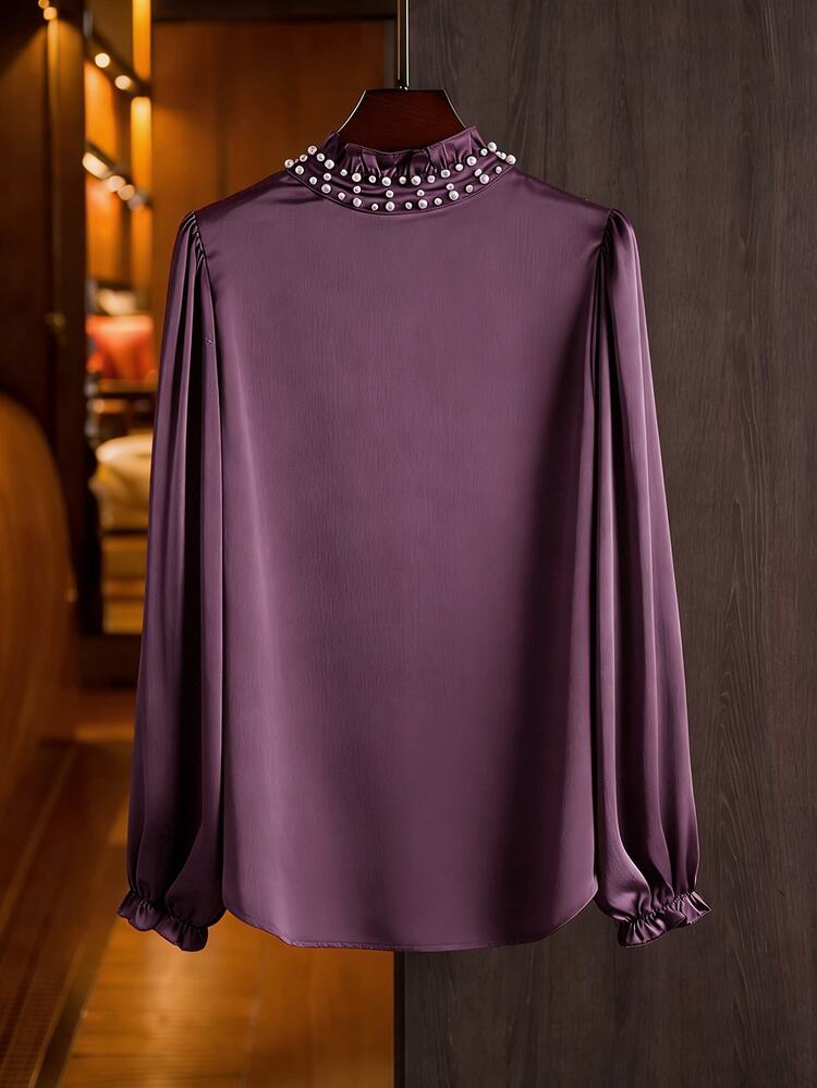 Modelyn Elegant Solid Color Ruffle Collar Long Sleeve Fitted Plus Size Blouse, Suitable For Spring And Autumn Elegant Blouse For Women Fall - Purple - View 2