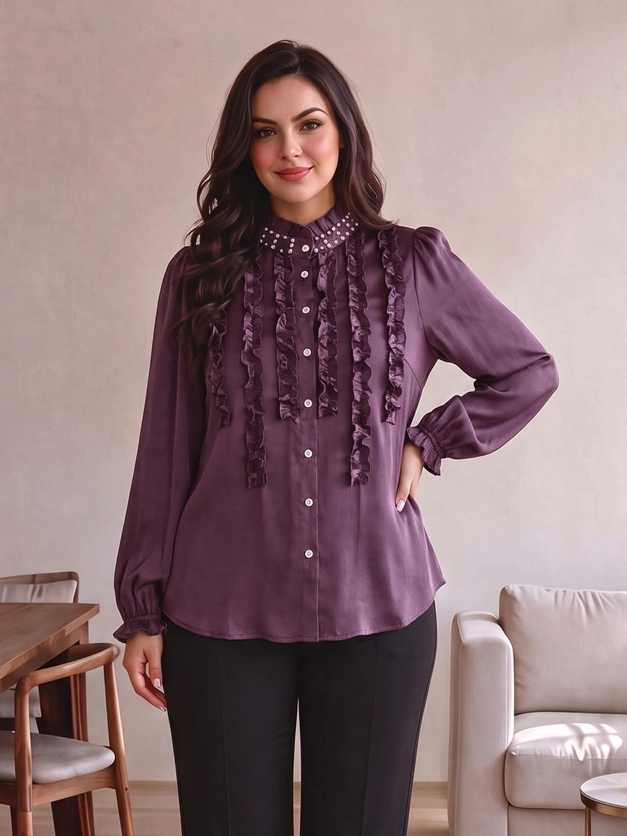 Modelyn Elegant Solid Color Ruffle Collar Long Sleeve Fitted Plus Size Blouse, Suitable For Spring And Autumn Elegant Blouse For Women Fall - Purple - View 1