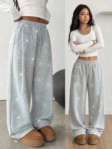 SHEIN Teen Girl Teen Girls Sweatpants Autumn/Winter Versatile Light Gray All-Over Print Rhinestone Loose Casual Drawstring Pocket Wide Leg Sweatpants, Suitable For Daily Wear - Light Grey - View 3