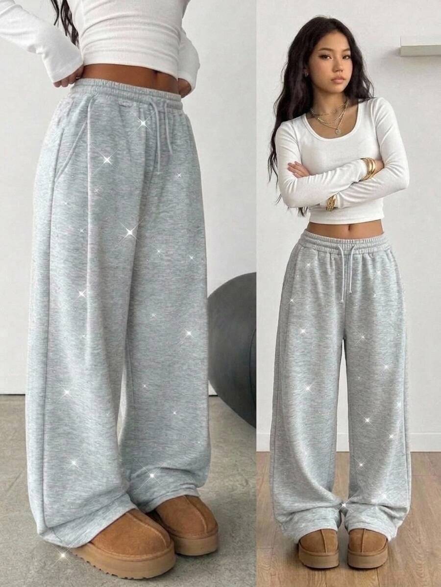 SHEIN Teen Girl Fall Clothes Light Gray Rhinestone Sparkle Fleece Wide Leg Sweatpants With Drawstring, Versatile Loose Casual Elastic Waist Pants Daily Wear - Light Grey - View 1