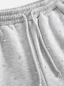 SHEIN Teen Girl Teen Girls Sweatpants Autumn/Winter Versatile Light Gray All-Over Print Rhinestone Loose Casual Drawstring Pocket Wide Leg Sweatpants, Suitable For Daily Wear - Light Grey - View 7