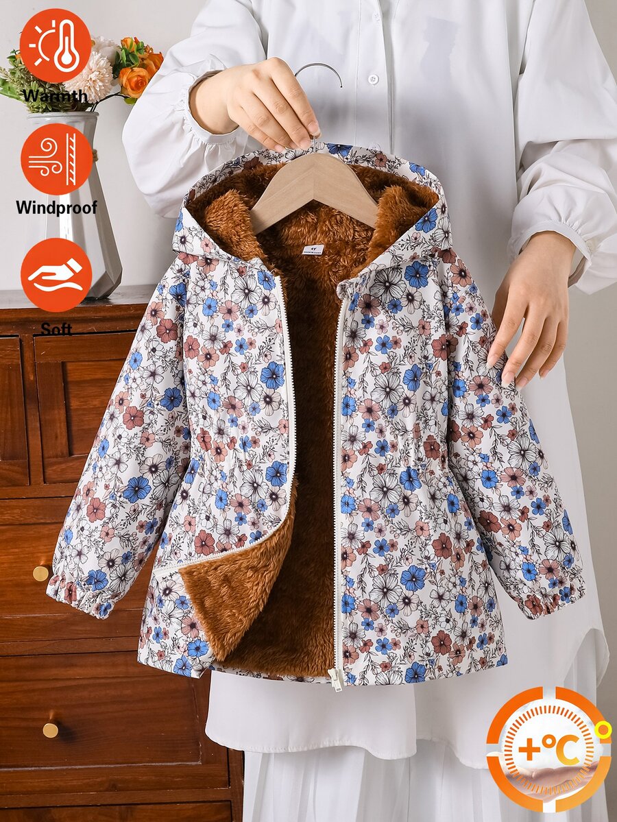 SHEIN 1件女童冬季新款復古花卉圖案棕色保暖內裡拉鍊連帽外套,彈性腰圍加厚保暖時尚外套,適合休閒通勤 - 彩色 - 查看 1