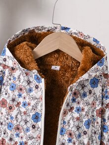 SHEIN 1件女童冬季新款復古花卉圖案棕色保暖內裡拉鍊連帽外套，彈性腰圍加厚保暖時尚外套，適合休閒通勤 - 彩色 - 查看 9