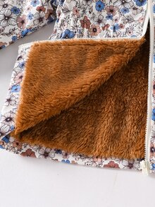 SHEIN 1件女童冬季新款復古花卉圖案棕色保暖內裡拉鍊連帽外套，彈性腰圍加厚保暖時尚外套，適合休閒通勤 - 彩色 - 查看 8
