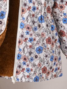 SHEIN 1件女童冬季新款復古花卉圖案棕色保暖內裡拉鍊連帽外套，彈性腰圍加厚保暖時尚外套，適合休閒通勤 - 彩色 - 查看 10