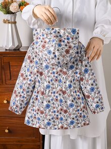 SHEIN 1件女童冬季新款復古花卉圖案棕色保暖內裡拉鍊連帽外套，彈性腰圍加厚保暖時尚外套，適合休閒通勤 - 彩色 - 查看 2