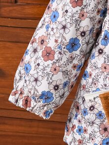 SHEIN 1件女童冬季新款復古花卉圖案棕色保暖內裡拉鍊連帽外套，彈性腰圍加厚保暖時尚外套，適合休閒通勤 - 彩色 - 查看 7