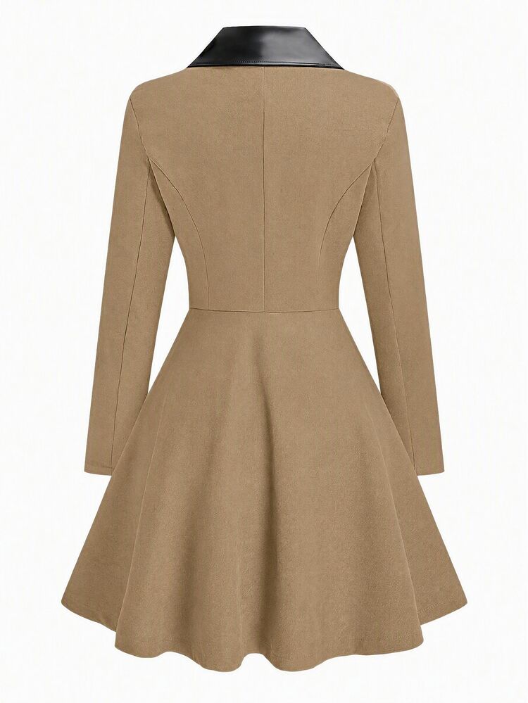 SHEIN LUNE Plus Size Women's Casual Elegant Patchwork PU Collar Ruched Waist Jacket Going Out Party Fall Winter Coats For Women - Khaki - View 2