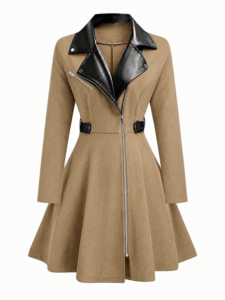 SHEIN LUNE Plus Size Women's Casual Elegant Patchwork PU Collar Ruched Waist Jacket Going Out Party Fall Winter Coats For Women - Khaki - View 1