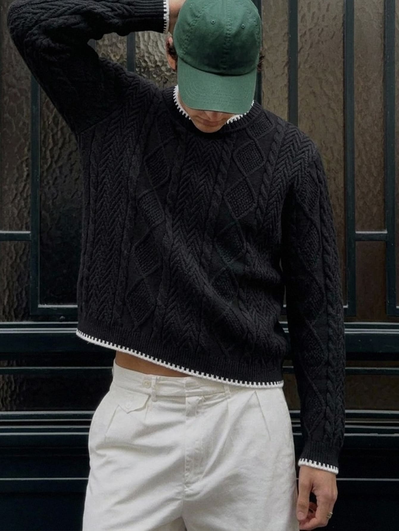 Manfinity Mode Men's Round Neck Long Sleeve Cable Knit Casual Sweater - Black - View 1