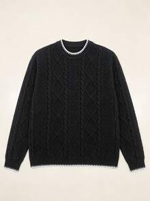 Manfinity Mode Men's Round Neck Long Sleeve Cable Knit Casual Sweater - Black - View 2