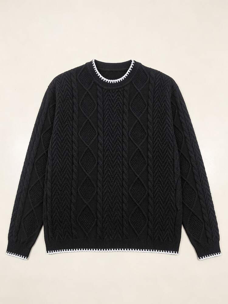Manfinity Mode Men's Round Neck Long Sleeve Cable Knit Casual Sweater - Black - View 2