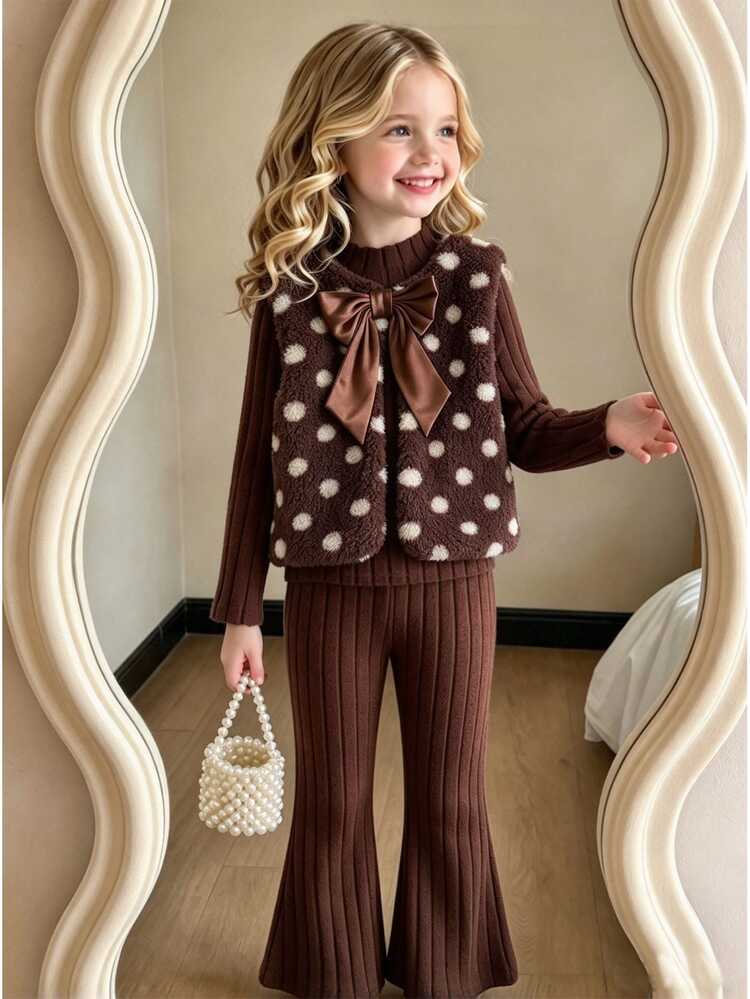 3pcs/Set Girls Autumn/Winter New Ribbed Turtleneck Long Sleeve Base Layer Top, Flared Long Pants, Long Plush Vest With Bow Decor, Elegant Noble Casual Versatile Fashion Birthday Party Outfit - Brown - View 3