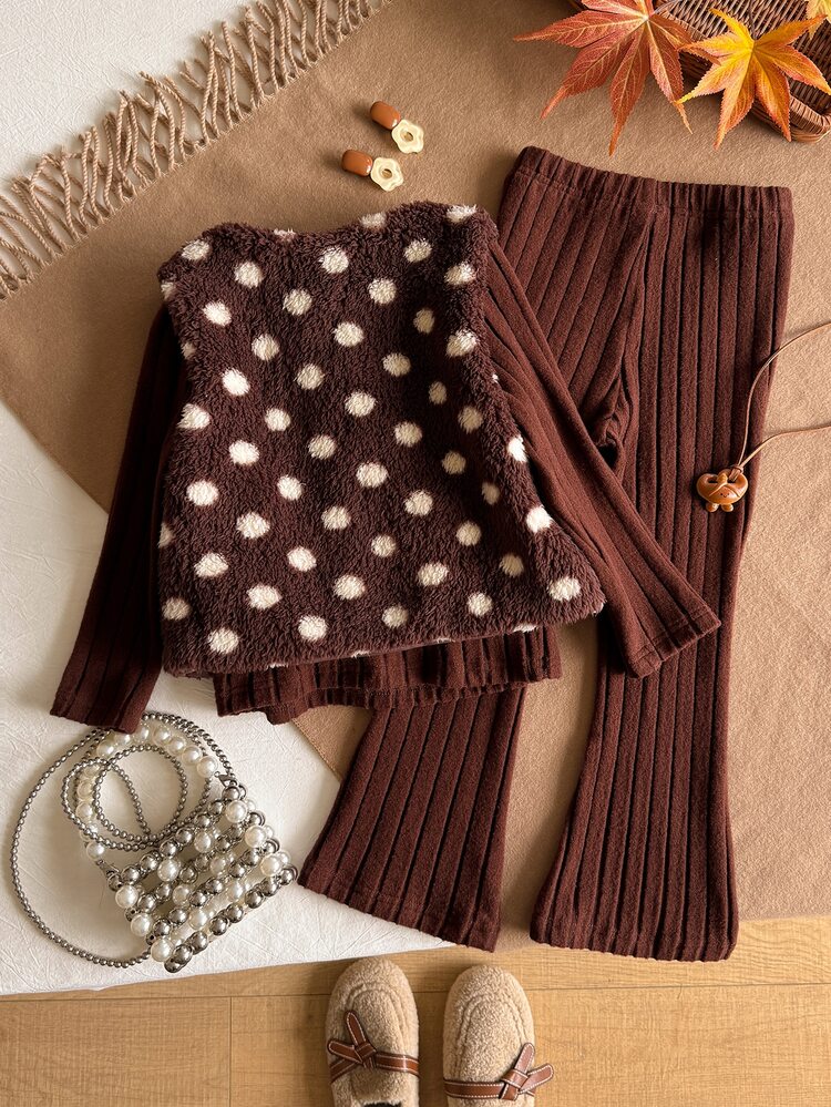 3pcs/Set Girls Autumn/Winter New Ribbed Turtleneck Long Sleeve Base Layer Top, Flared Long Pants, Long Plush Vest With Bow Decor, Elegant Noble Casual Versatile Fashion Birthday Party Outfit - Brown - View 2