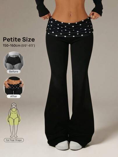 Vivamere Solid Color Knit Casual 70s Y2k Chic Vacation Pants For Women Contrast Polka Dot Folding Waist Flared Trousers Pilates Lounge White And Black Autumn