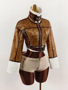 Amplova PU Composite Faux Fur Cropped Waist Jacket, Retro Dropped Shoulder, Autumn/Winter - Brown - View 14