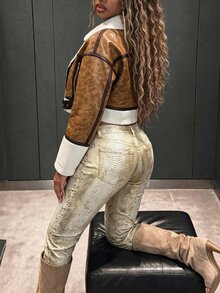 Amplova PU Composite Faux Fur Cropped Waist Jacket, Retro Dropped Shoulder, Autumn/Winter - Brown - View 2