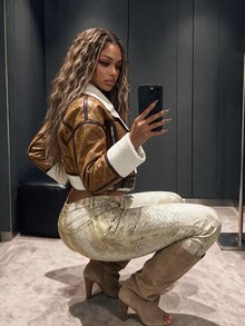 Amplova PU Composite Faux Fur Cropped Waist Jacket, Retro Dropped Shoulder, Autumn/Winter - Brown - View 8