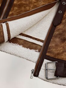 Amplova PU Composite Faux Fur Cropped Waist Jacket, Retro Dropped Shoulder, Autumn/Winter - Brown - View 18