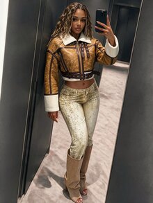 Amplova PU Composite Faux Fur Cropped Waist Jacket, Retro Dropped Shoulder, Autumn/Winter - Brown - View 4