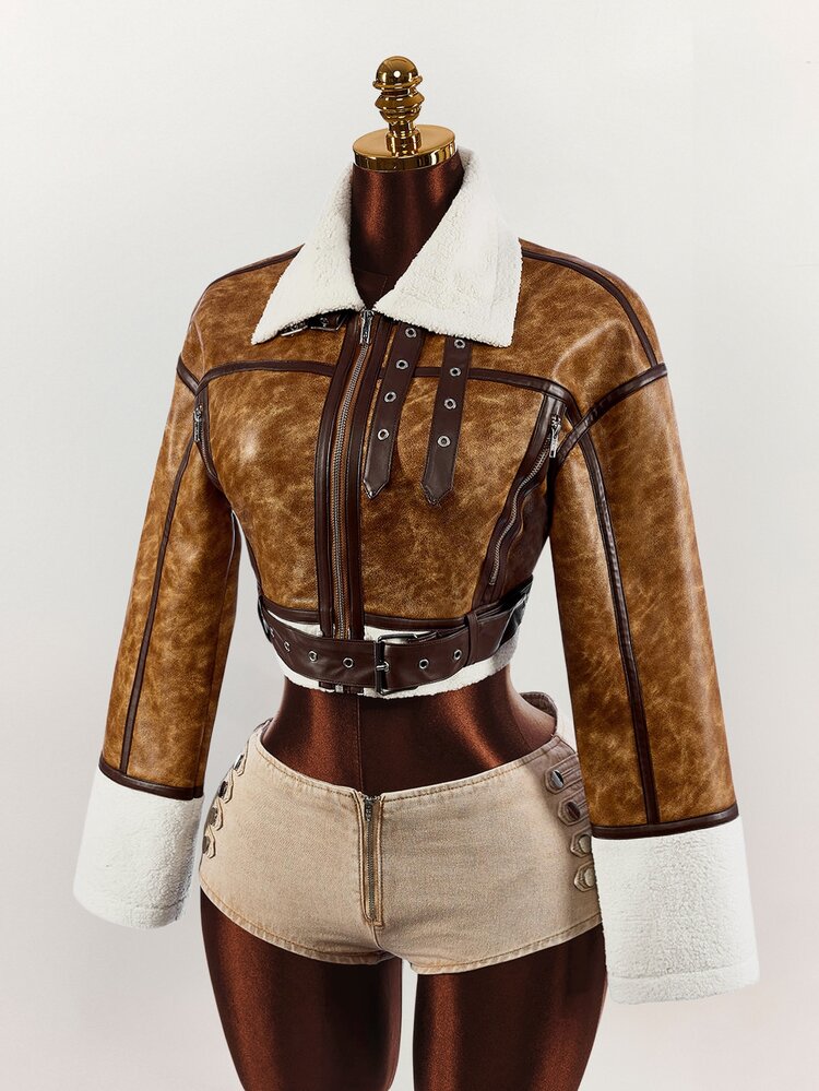 Amplova PU Composite Faux Fur Cropped Waist Jacket, Retro Dropped Shoulder, Autumn/Winter - Brown - View 7