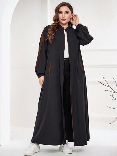 Al Najma Plus Size Black Summer Modest Egypt Holiday Al-Adha Arabic Abaya,Contrast Color Patchwork Sporty Sweatshirt Style Front Zipper Closed Long Dress