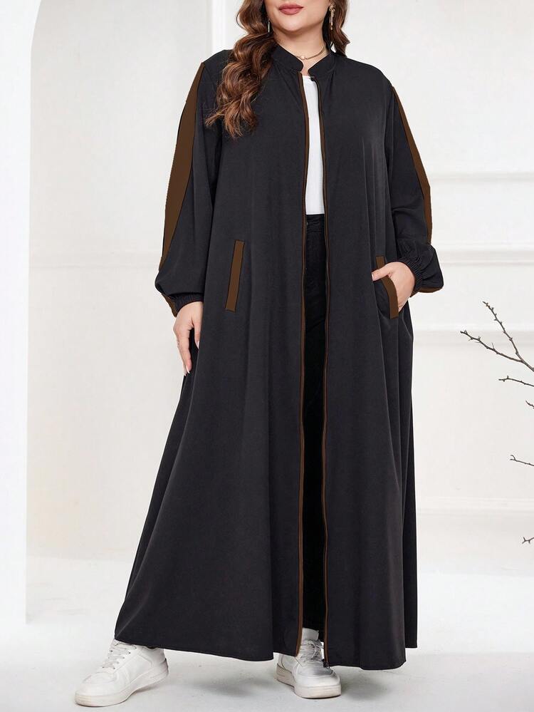 Al Najma Plus Size Black Summer Modest Egypt Holiday Al-Adha Arabic Abaya,Contrast Color Patchwork Sporty Sweatshirt Style Front Zipper Closed Long Dress - Brown - View 4