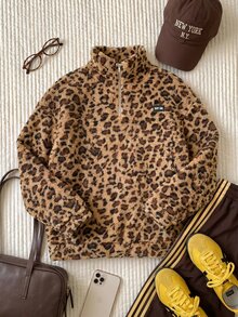 Comfortcana Plus Size Women's Leopard Print Stand Collar Lamb Fleece Sweatshirt, Autumn/Winter - Chocolate Brown - View 4