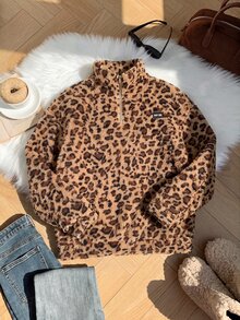 Comfortcana Plus Size Women's Leopard Print Stand Collar Lamb Fleece Sweatshirt, Autumn/Winter - Chocolate Brown - View 9