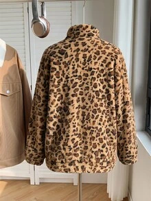 Comfortcana Plus Size Women's Leopard Print Stand Collar Lamb Fleece Sweatshirt, Autumn/Winter - Chocolate Brown - View 8