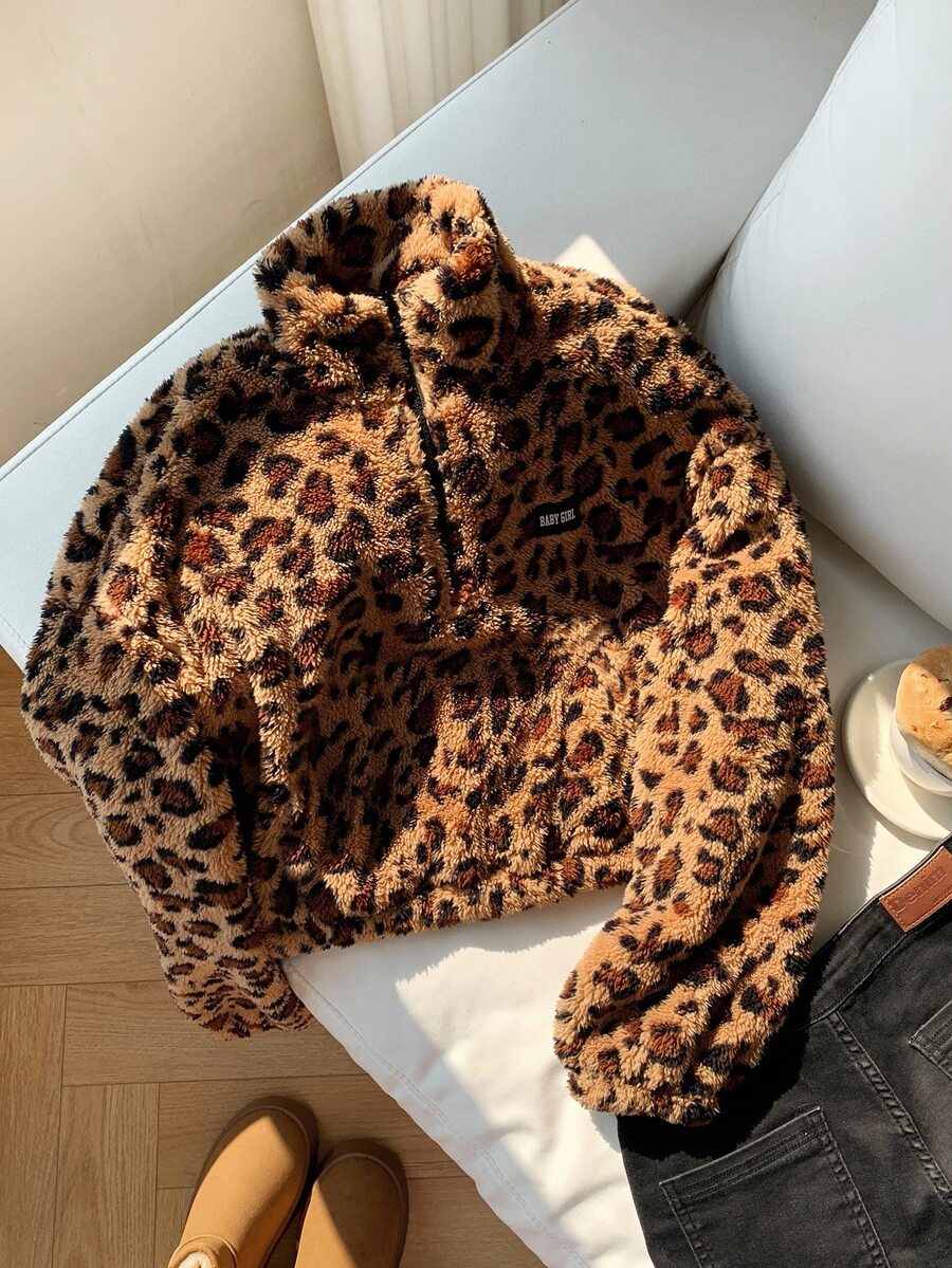 Comfortcana Plus Size Women's Leopard Print Stand Collar Lamb Fleece Sweatshirt, Autumn/Winter - Chocolate Brown - View 1