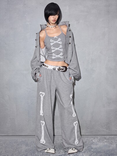Y2K Goth Casual Cute Bone Sequin Embroidered Grey Sweatpants Low Waist Loose Straight Leg Halloween Everyday Night Spring