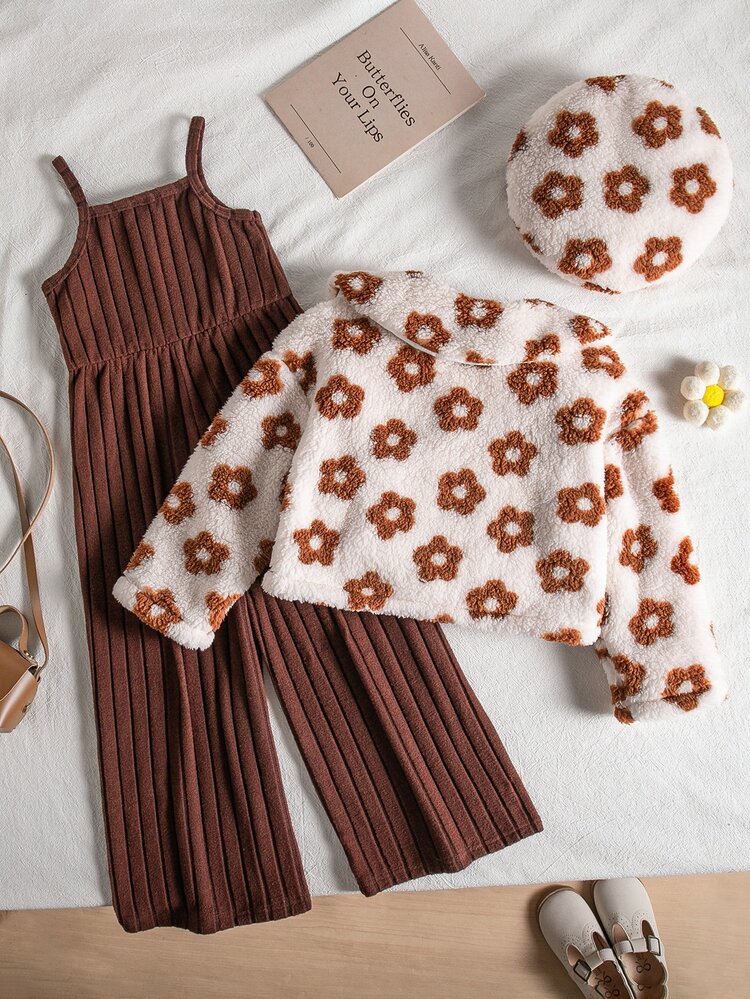 Genkimix Kids Young Girl Long Plush Coffee Brown Floral Large Collar Long Sleeve Jacket Hat Accessory Brown Ribbed Tank Top Jumpsuit Set Autumn Halloween Christmas - Brown - View 2