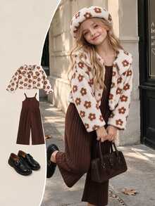 Genkimix Kids Young Girl Long Plush Coffee Brown Floral Large Collar Long Sleeve Jacket Hat Accessory Brown Ribbed Tank Top Jumpsuit Set Autumn Halloween Christmas - Brown - View 5