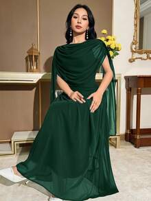 Feyla Women's Solid Color Pleated Flowy Elegant Mid-Length Dress - Dark Green - View 1