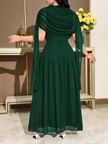 Feyla Women's Solid Color Pleated Flowy Elegant Mid-Length Dress - Dark Green - View 6