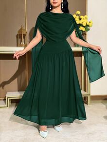 Feyla Women's Solid Color Pleated Flowy Elegant Mid-Length Dress - Dark Green - View 5