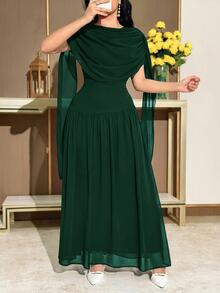 Feyla Women's Solid Color Pleated Flowy Elegant Mid-Length Dress - Dark Green - View 4