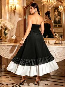 Cravure Plus Size Women's Fashion Vacation Asymmetrical Split Contrast Color Ruffle Strapless Dress - Black - View 3